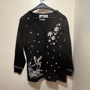 VTG Storybook Knits Snow Forest Deer Holiday Cardigan Sweater Winter Christmas